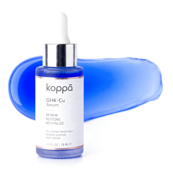 Koppā GHK-Cu 2% Serum bottle with blue copper peptide texture — GHK-Cu serum — Step 01 of the Koppā GHK-Cu Trio