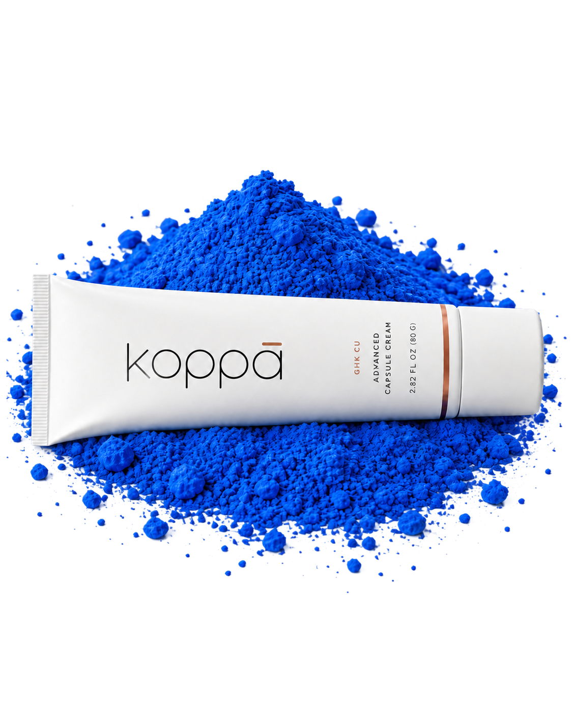 Koppā capsule cream tube on blue copper peptide powder