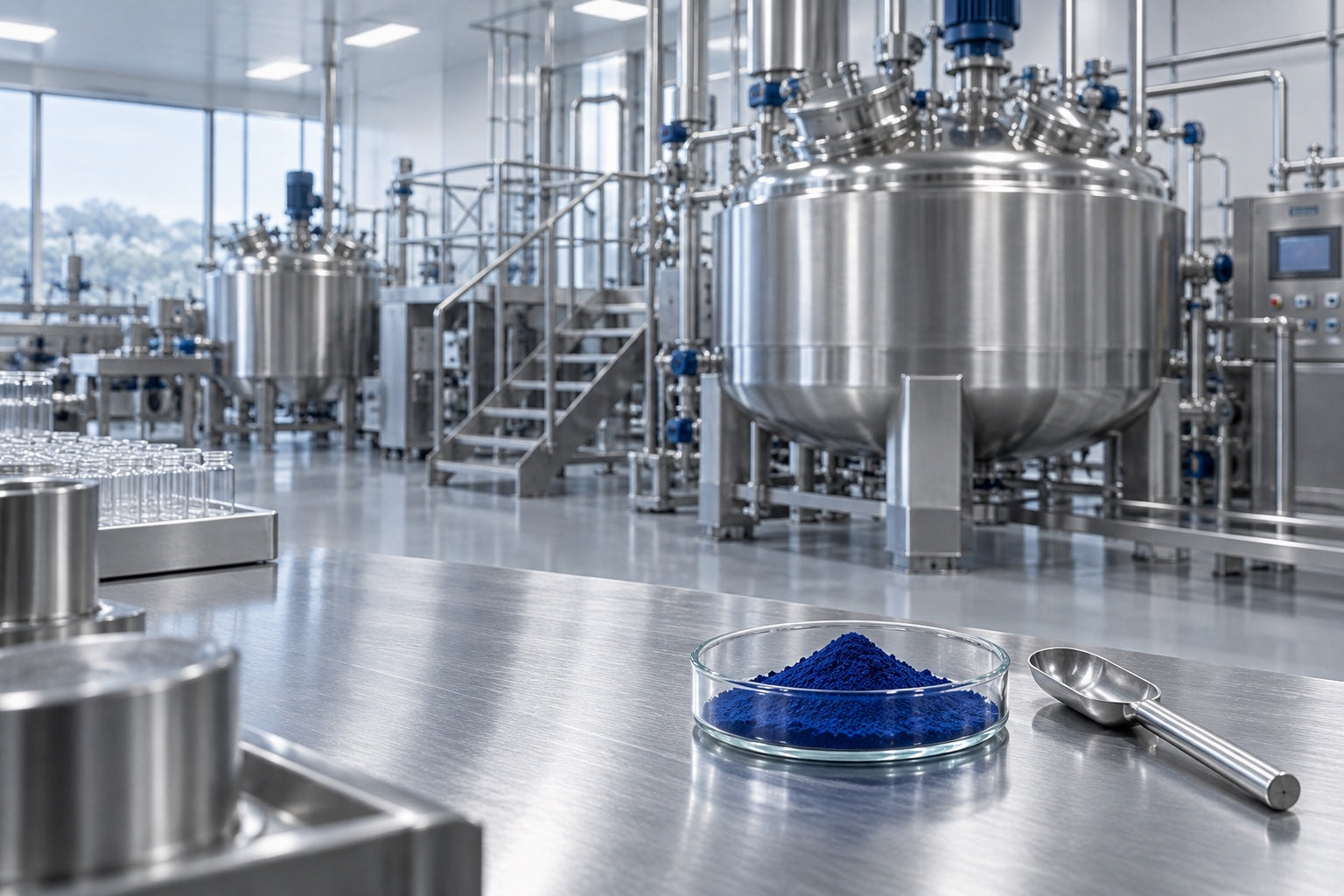 Illustrative cosmetic factory with stainless-steel equipment and blue powder on a laboratory workbench