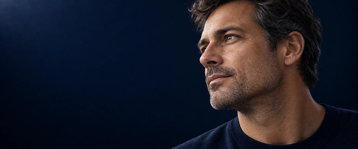 Close three-quarter profile of a man with natural skin texture against a navy background
