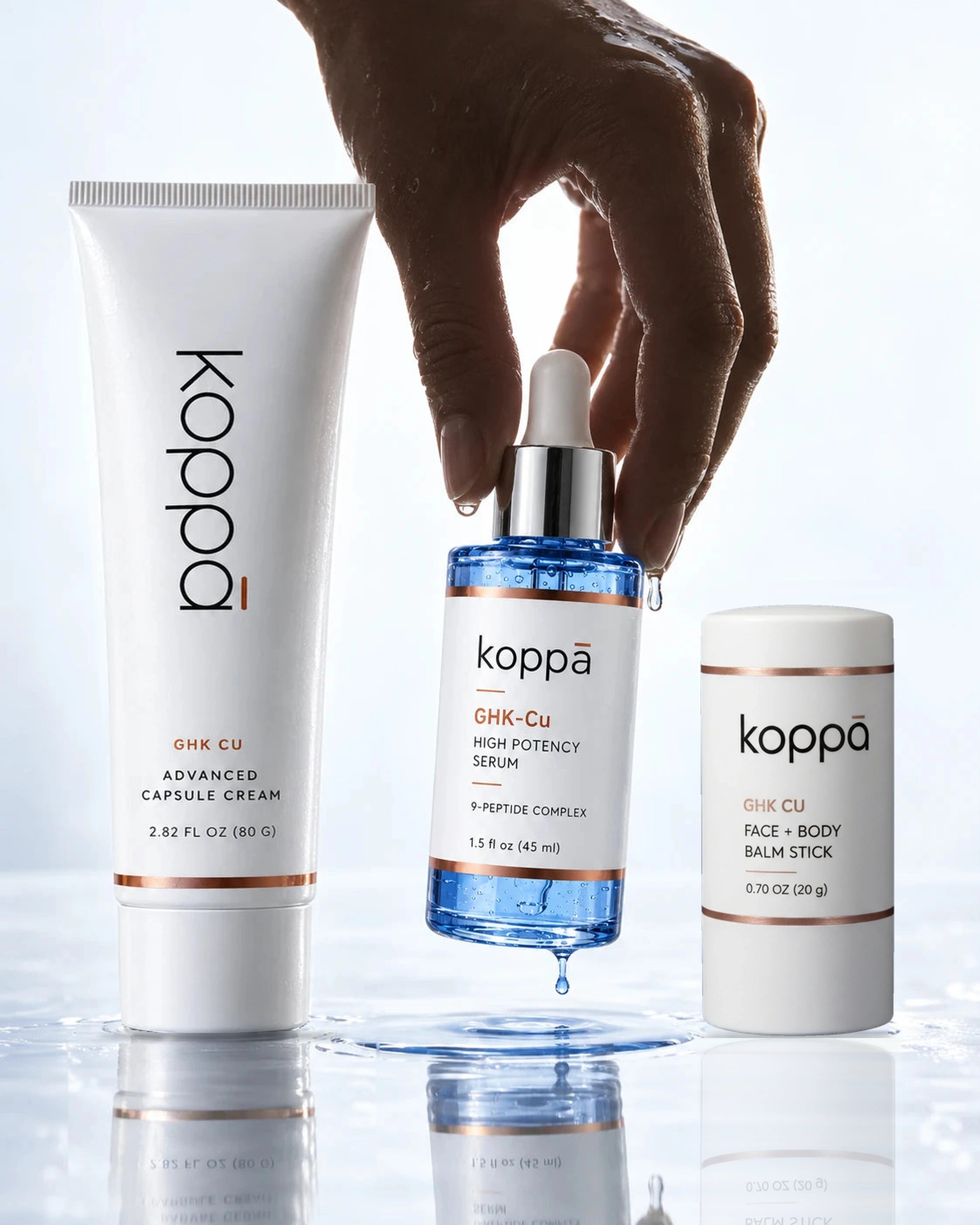 Koppā serum, capsule cream and balm stick
