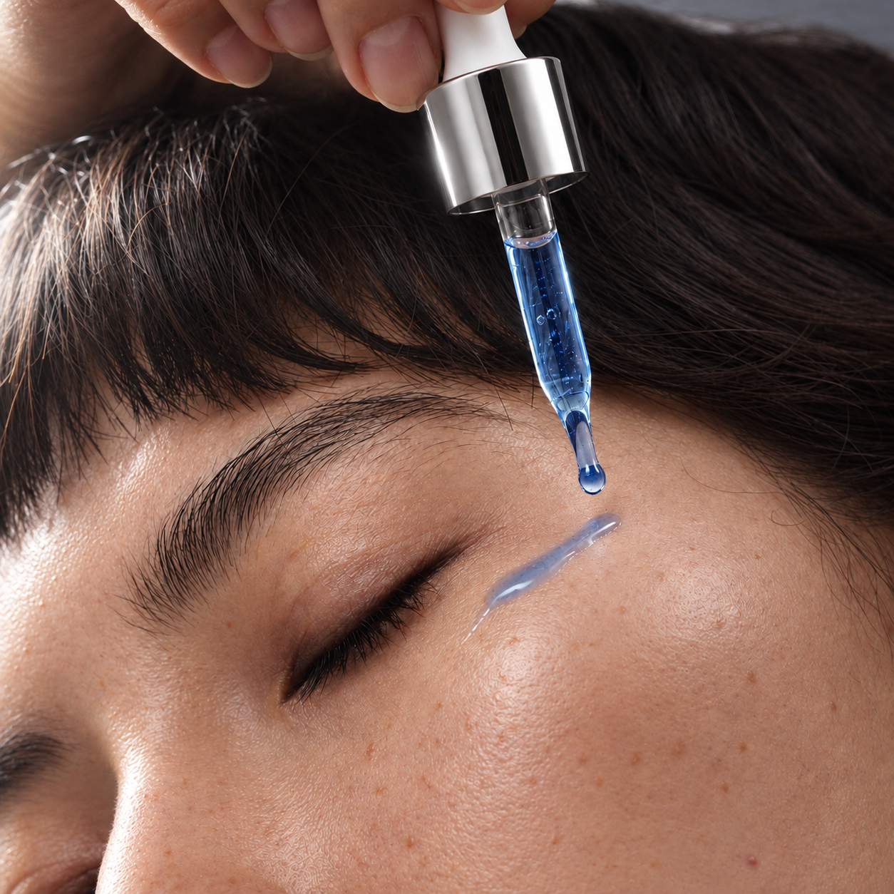 Close-up of cobalt-blue serum applied to textured skin with the Koppā dropper