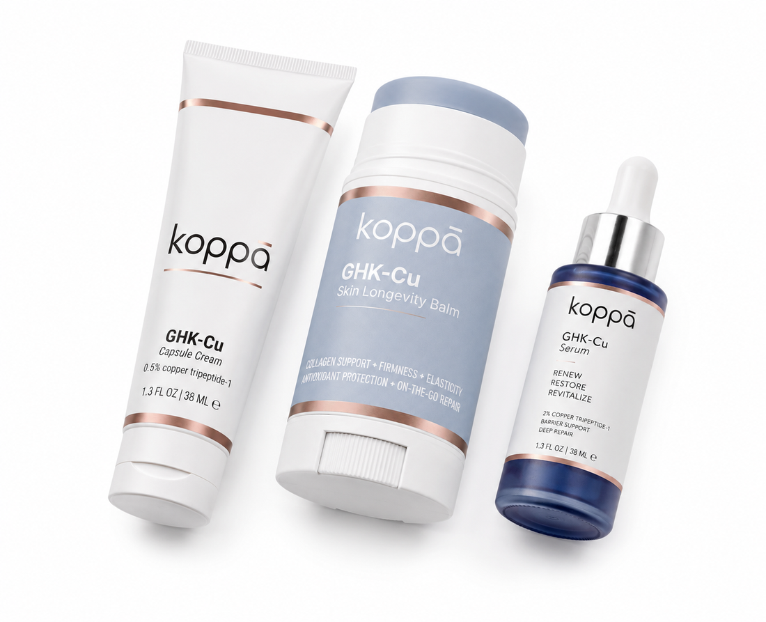 The Koppā GHK-Cu Trio: Serum, Capsule Cream, and Balm Stick copper peptide system