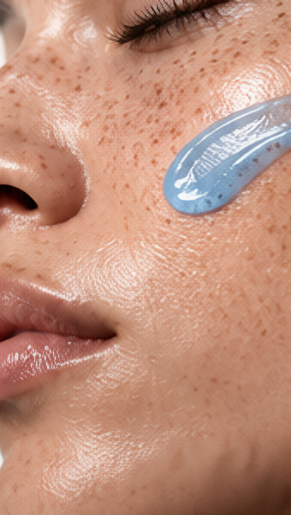 Freckled skin with a stroke of blue GHK-Cu gel on the cheek