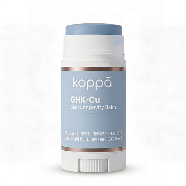 Koppā GHK-Cu Balm Stick, a solid copper peptide balm suited for targeted use on hands