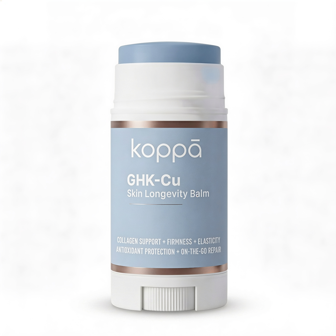 Koppā GHK-Cu Balm Stick, a solid copper peptide balm formulated for targeted use on scars, stretch marks, and other thin-skin areas of the face and body