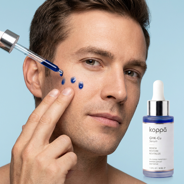 Man pressing koppā GHK-Cu serum into his cheek
