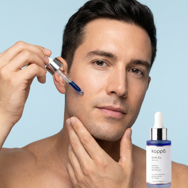 Man applying koppā GHK-Cu serum along his jaw