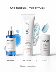 One molecule, three formulas: GHK-Cu serum, capsule cream and balm stick with their textures, thinnest to most occlusive