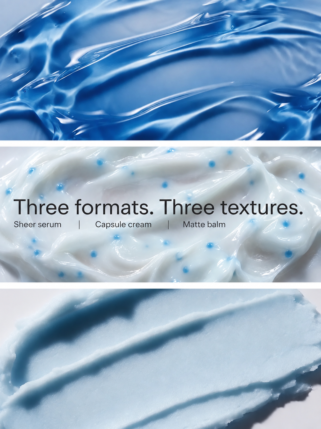 Three copper peptide textures side by side: sheer blue serum, capsule cream, and matte balm
