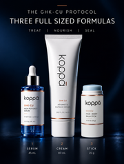 Three full-size GHK-Cu formulas in the protocol: 45 ml serum, 80 g capsule cream and 20 g balm stick