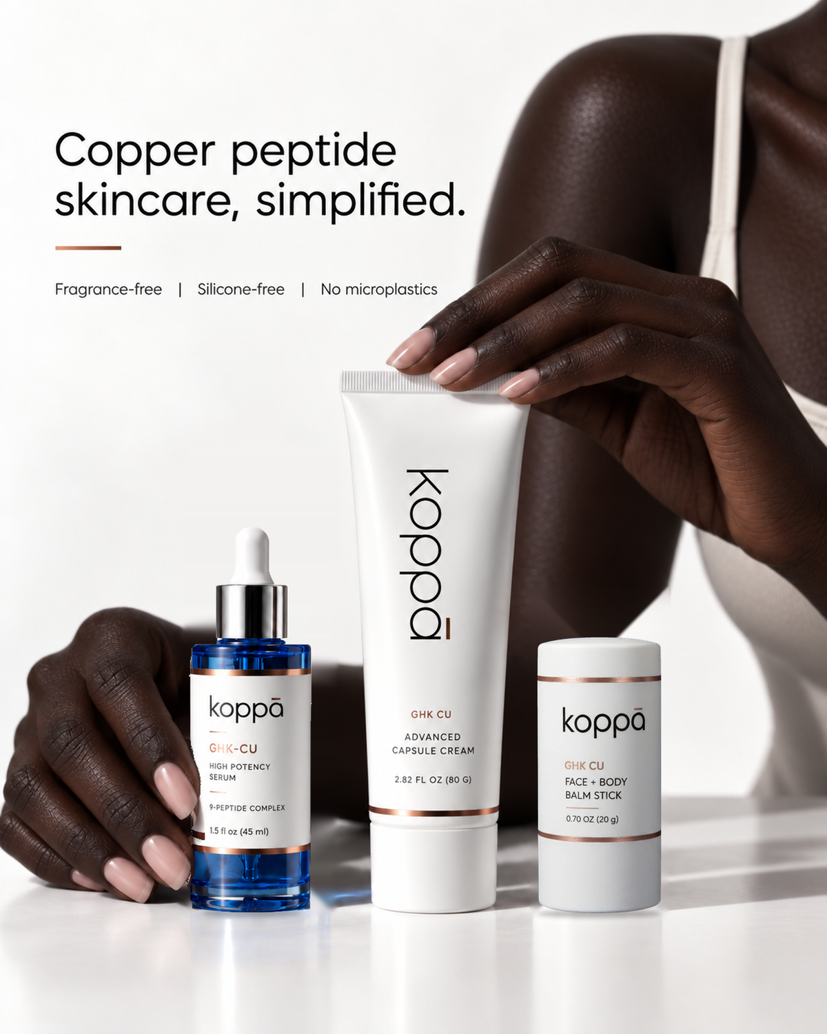 Copper peptide skincare simplified: the Koppā GHK-Cu serum, capsule cream and balm stick, fragrance- and silicone-free