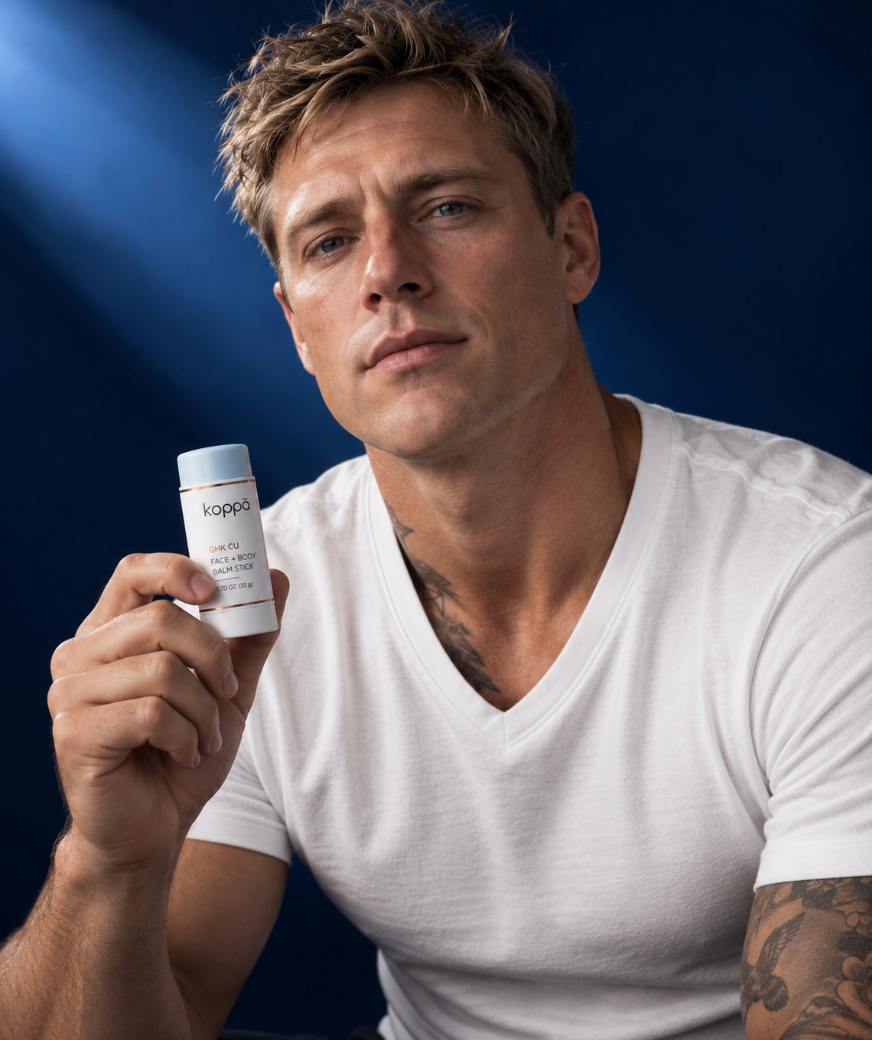 A man pressing the Koppā GHK-Cu face and body balm stick to his cheekbone