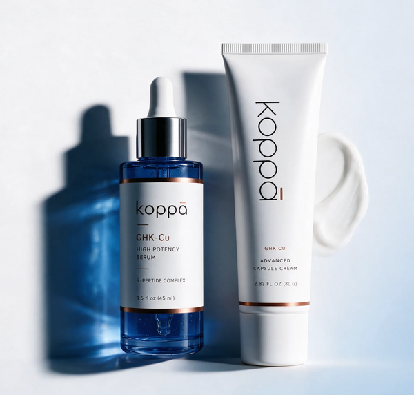 Koppā balm stick beside a pale blue balm texture