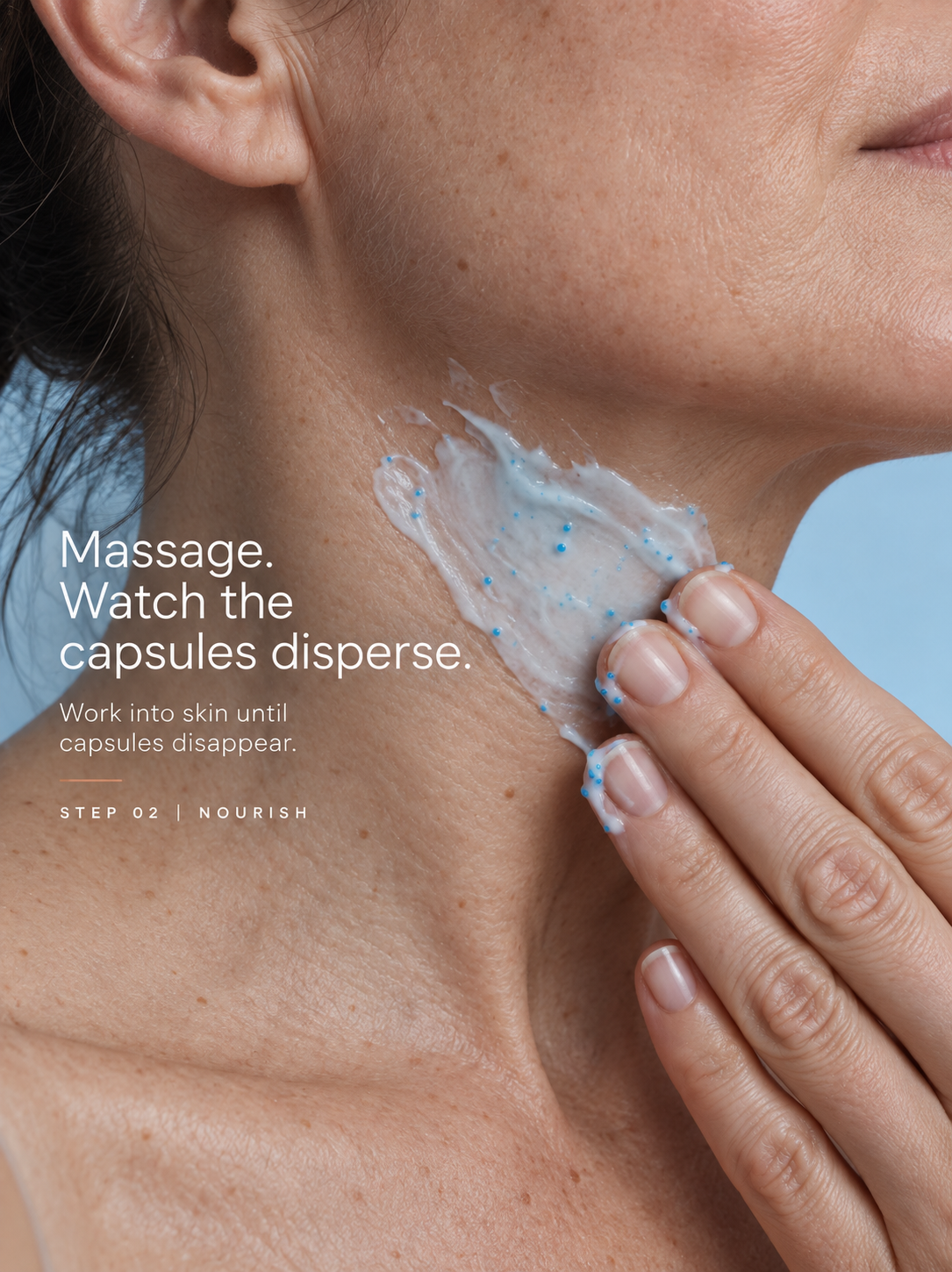 Woman massaging Koppā GHK-Cu moisturizer into her neck as the blue capsules disperse