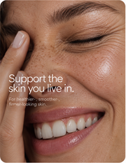 Smiling close-up of freckled skin beside the serum's smoother, firmer-looking skin message