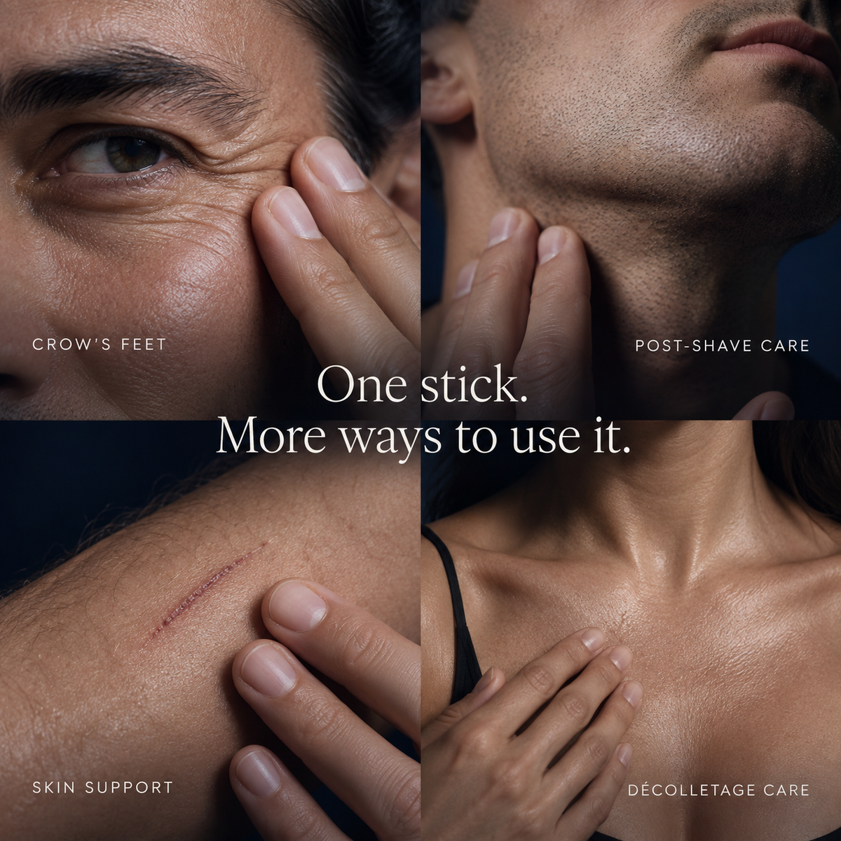 Four-panel guide showing ways to use the GHK-Cu balm stick on face and body