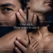 Four-panel guide showing ways to use the GHK-Cu balm stick on face and body