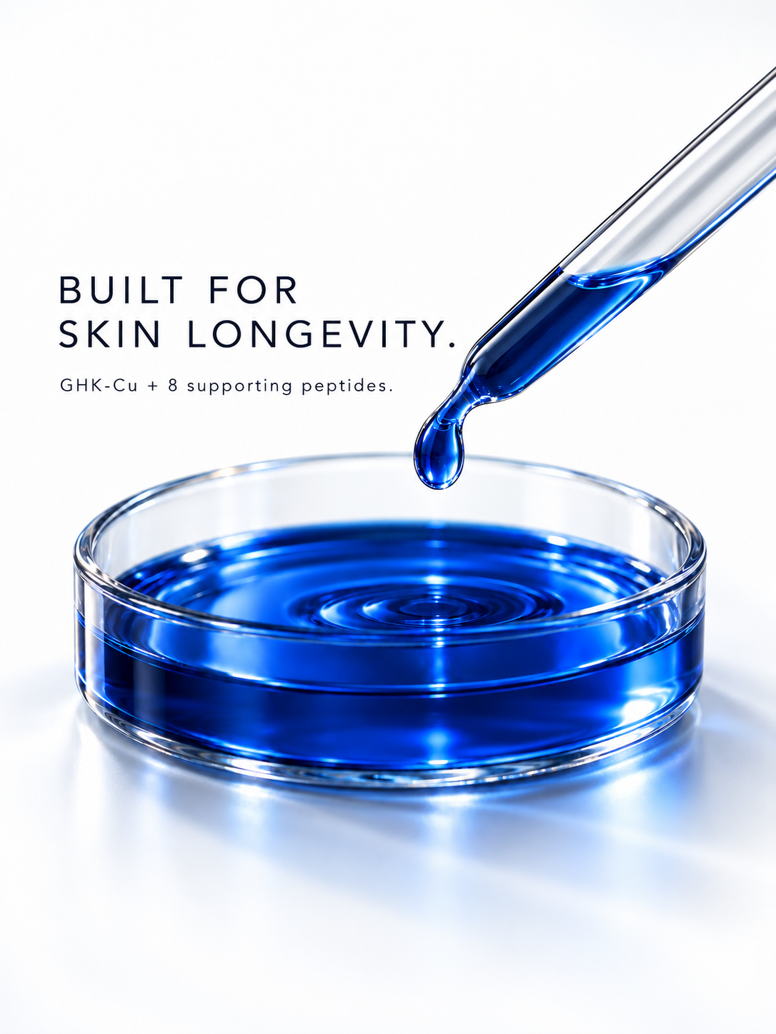 Dropper releasing blue GHK-Cu serum into a petri dish beside the 9-peptide complex message