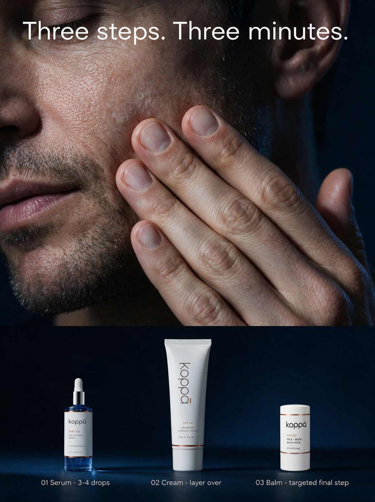 Man applying the routine to his cheek, above the three GHK-Cu steps: serum, capsule cream, then balm stick