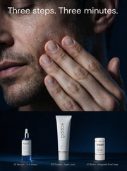 Man applying the routine to his cheek, above the three GHK-Cu steps: serum, capsule cream, then balm stick