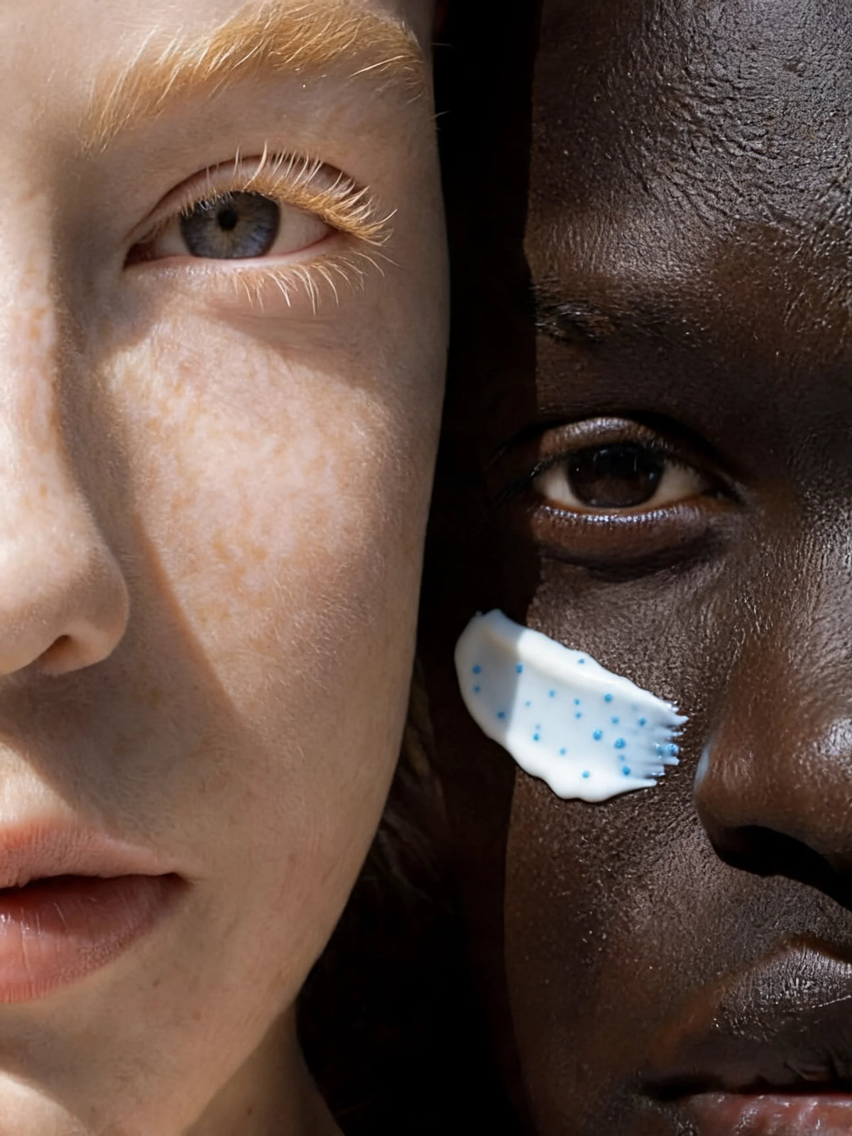 Close-up of two faces with blue capsule cream on one cheek.
