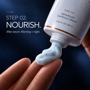 Copper peptide cream squeezed onto a fingertip, step two of the Protocol: Nourish