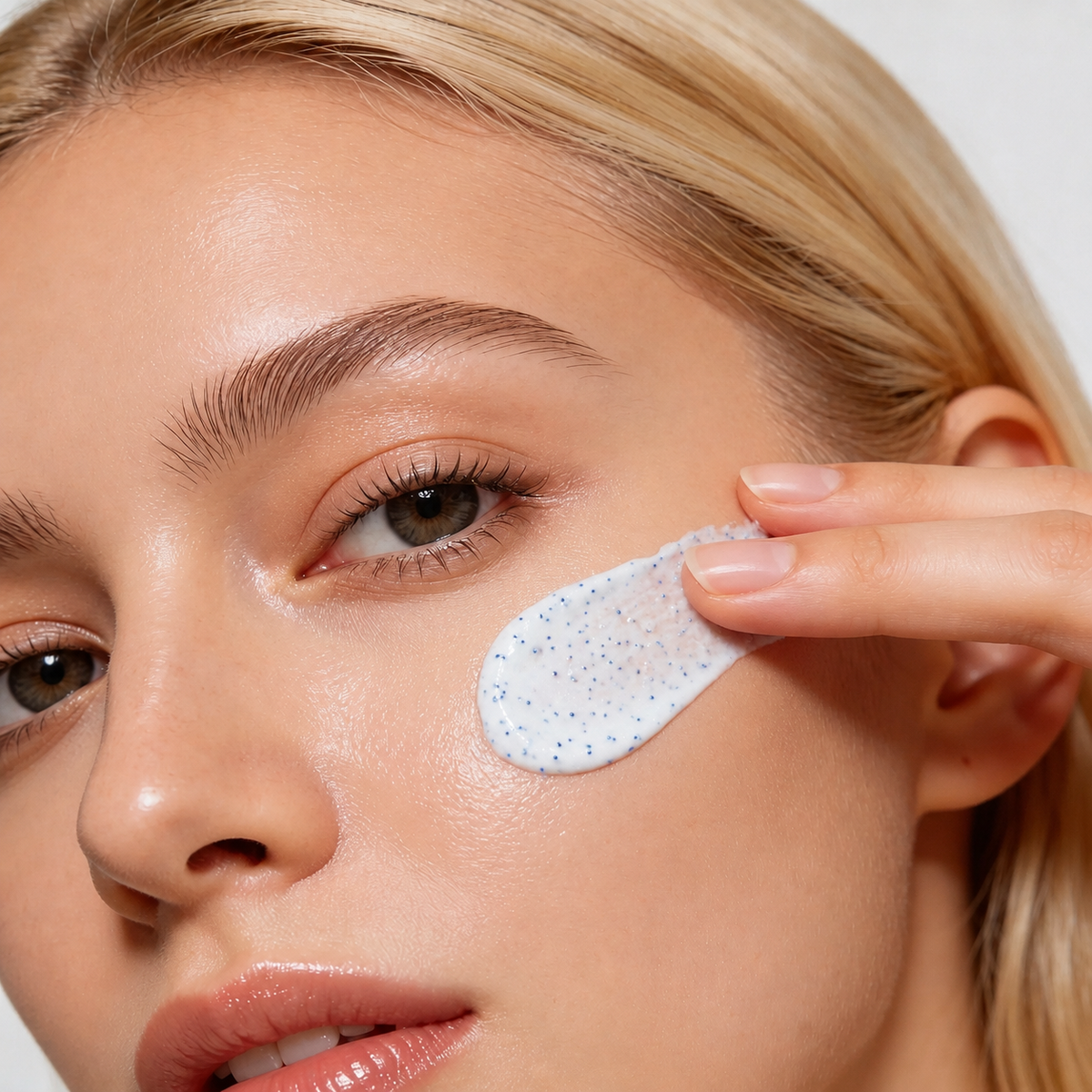 Woman applying Koppā GHK-Cu Capsule Cream — copper peptide microbead cream