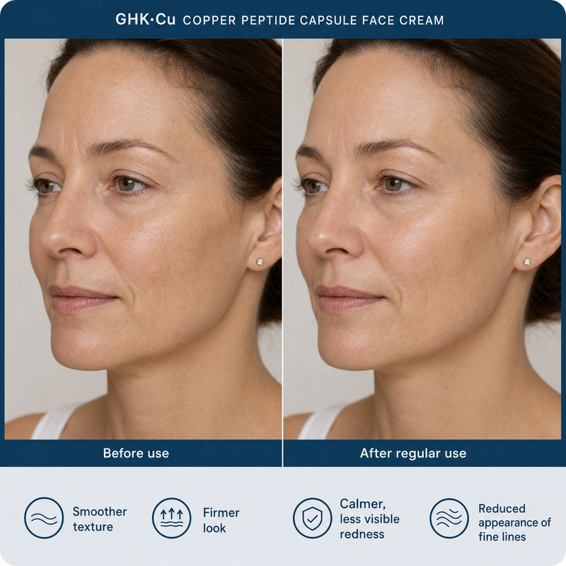 Koppā GHK-Cu Capsule Cream before and after — copper peptide skincare results
