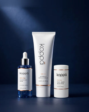 Koppā Beauty copper peptide skincare set: GHK-Cu serum, capsule cream and balm stick