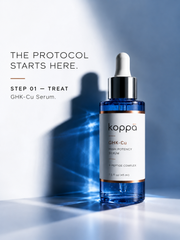 Koppā GHK-Cu serum bottle in hard light, marked step one of the Protocol: Treat
