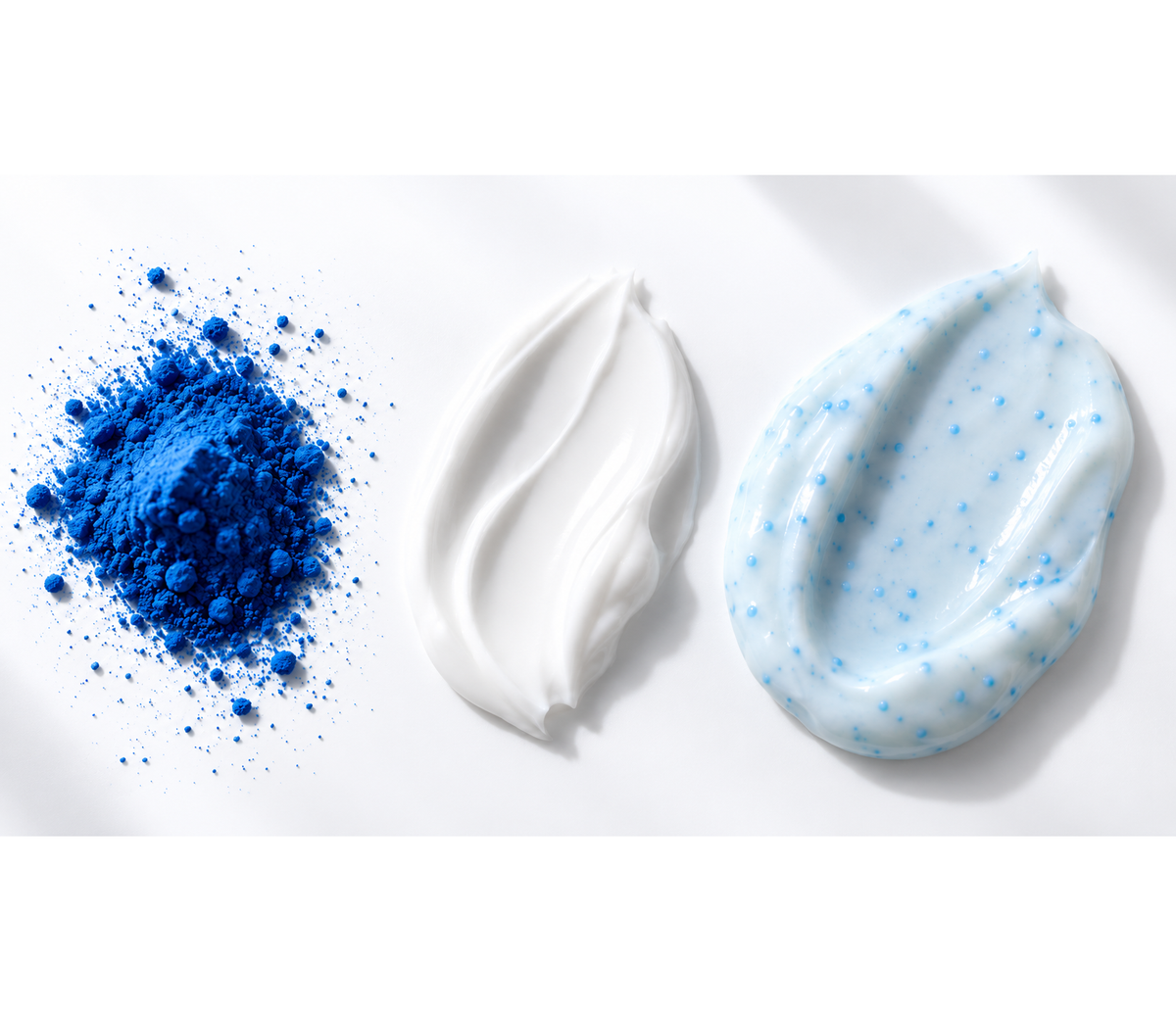 Koppā serum, capsule cream and balm stick against a copper-blue background