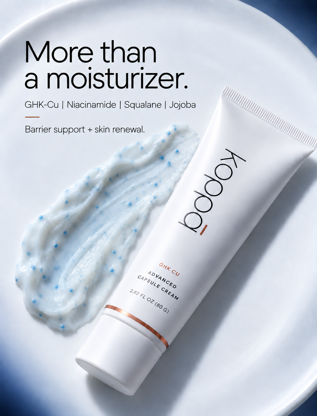 Koppā capsule cream beside a swatch, with niacinamide, squalane and jojoba
