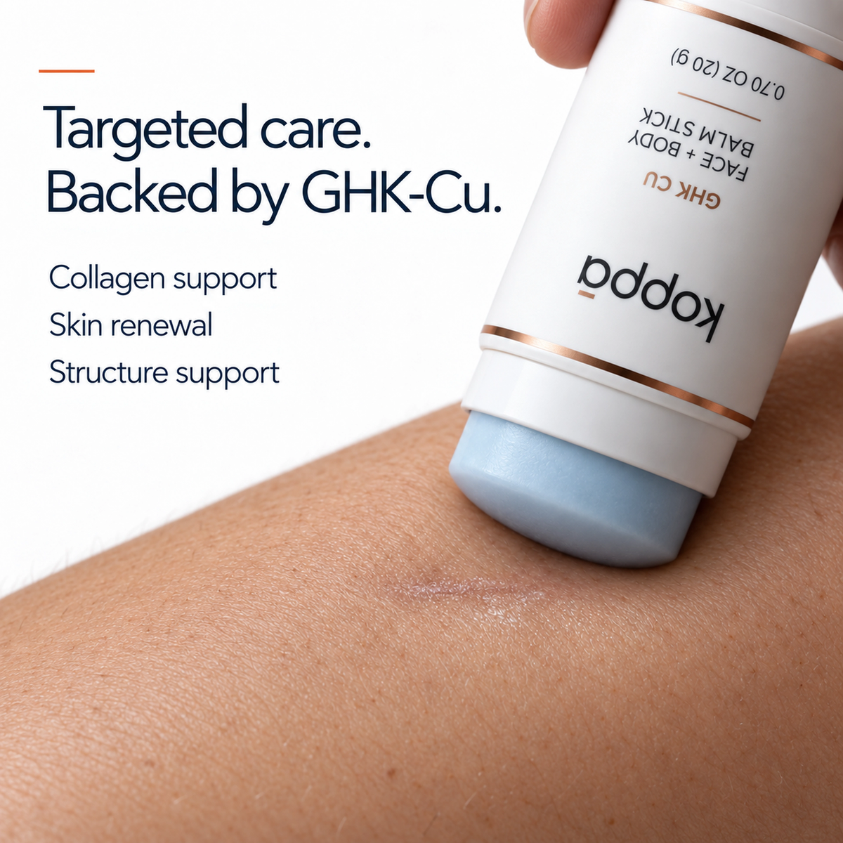 Pale blue tip of the GHK-Cu balm stick pressed to skin, leaving a sheer mark of copper peptide balm
