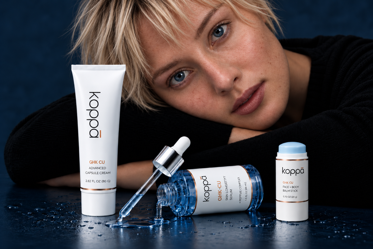 The Koppā serum, capsule cream and balm on a dark reflective surface beside a resting model