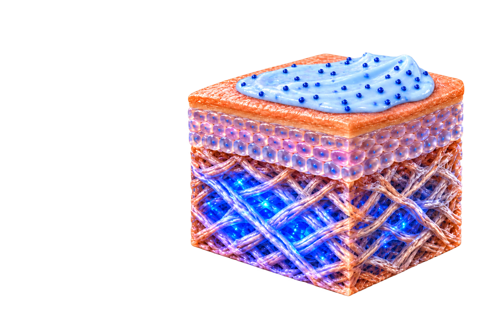 Conceptual illustration of cream with blue microbeads on skin layers