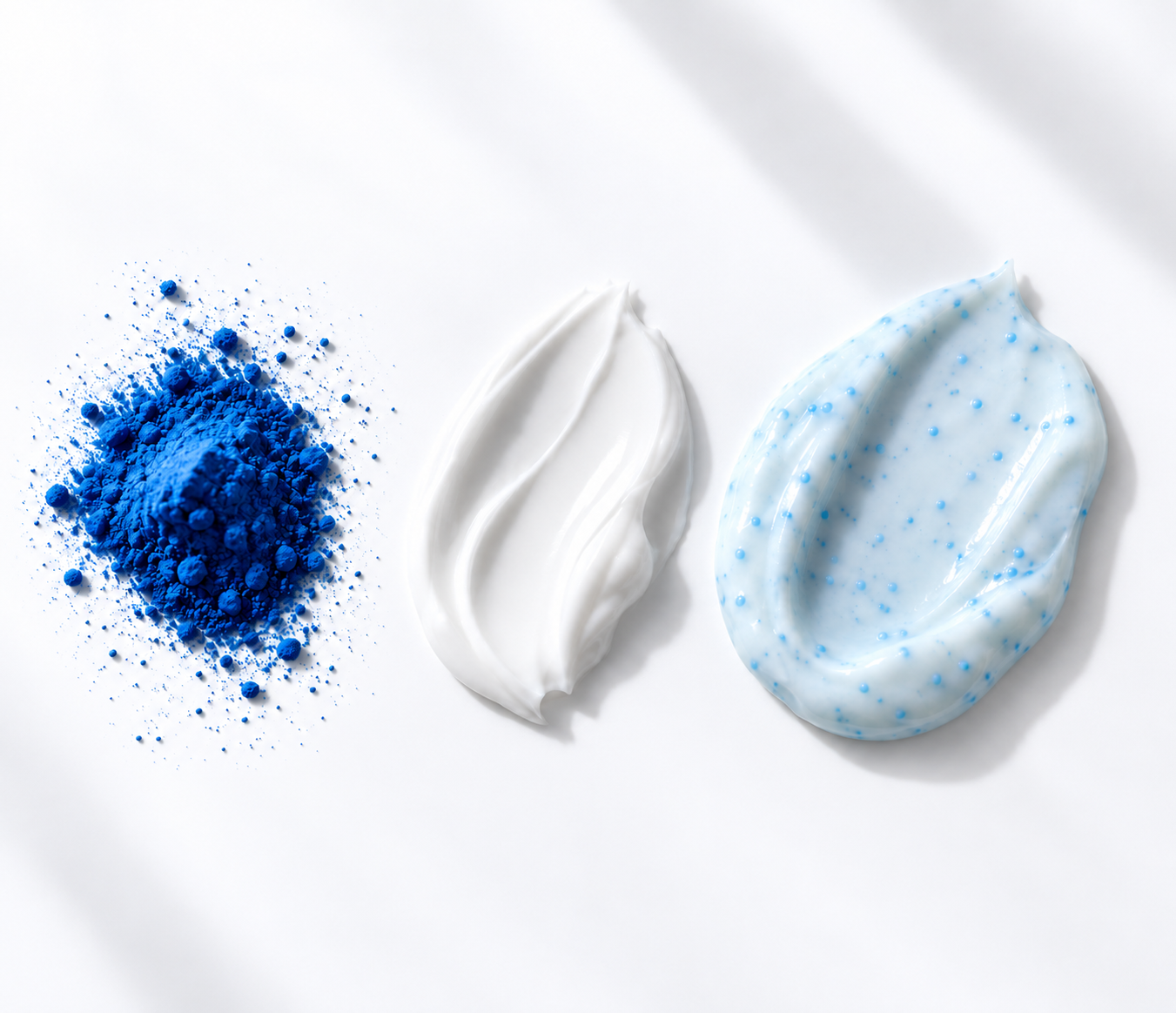Three Koppā formulation textures: copper peptide powder, cream and capsule cream