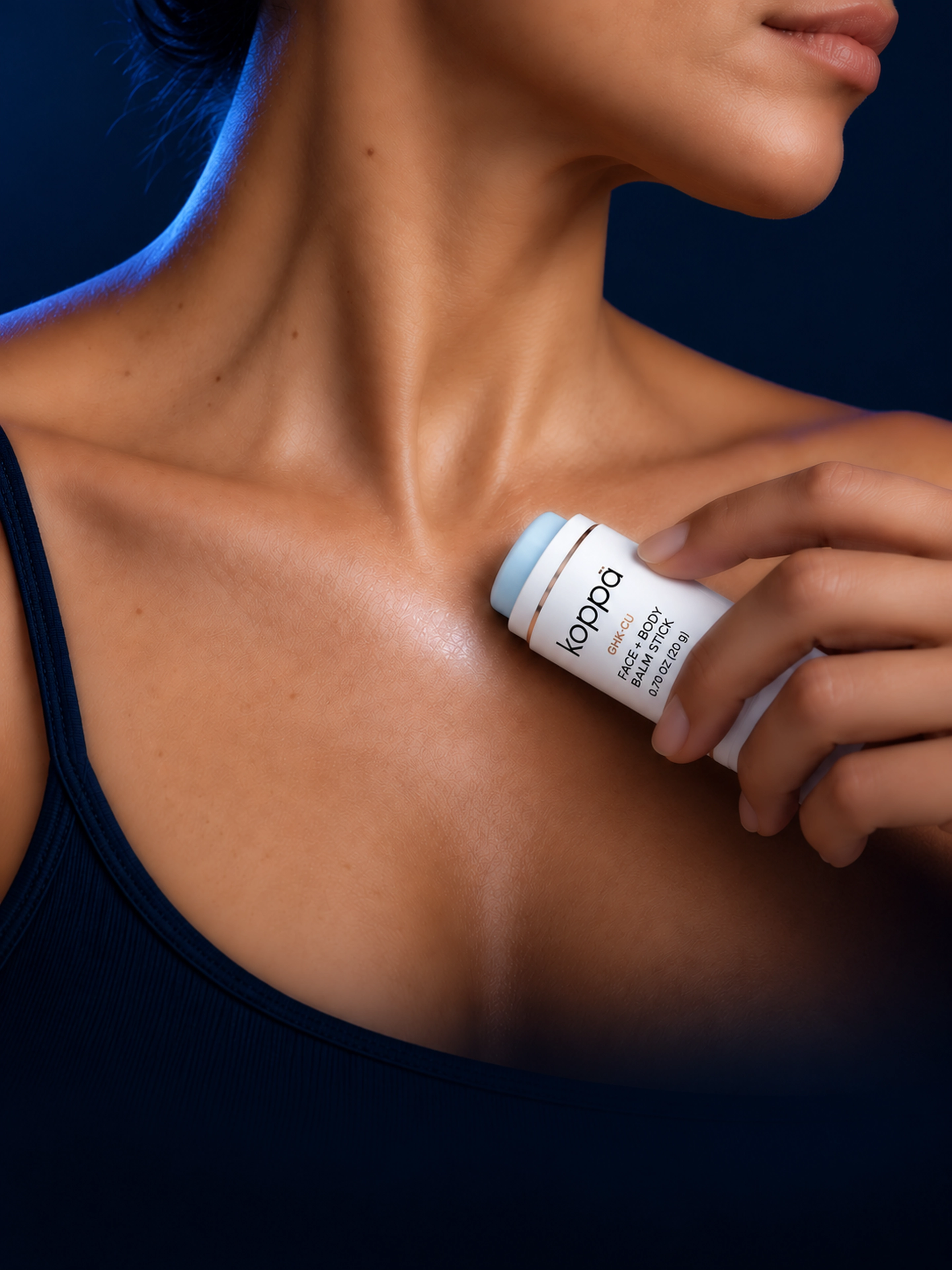 Editorial concept of balm being applied to the chest, with natural skin texture