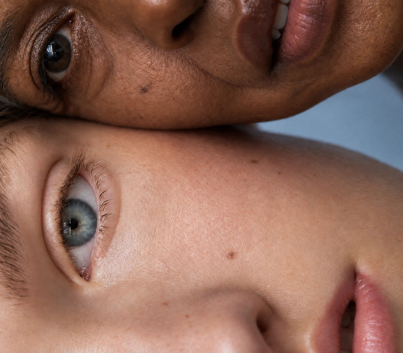 Close-up portraits with natural skin texture and subtle blue studio lighting