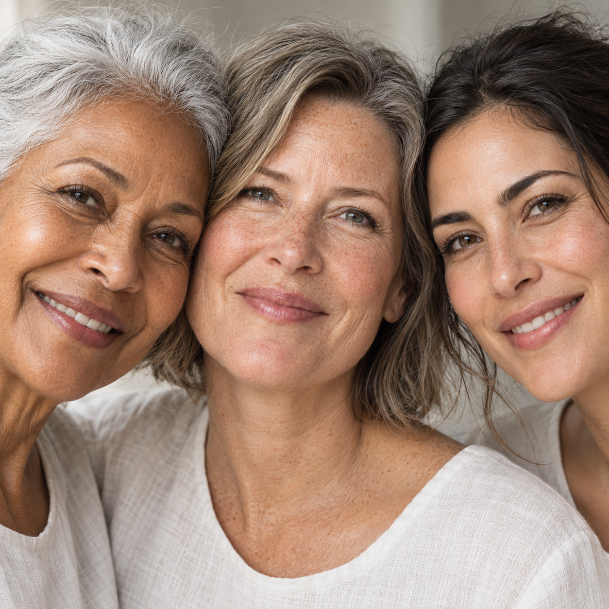 Three women of different generations smiling together in ivory tops