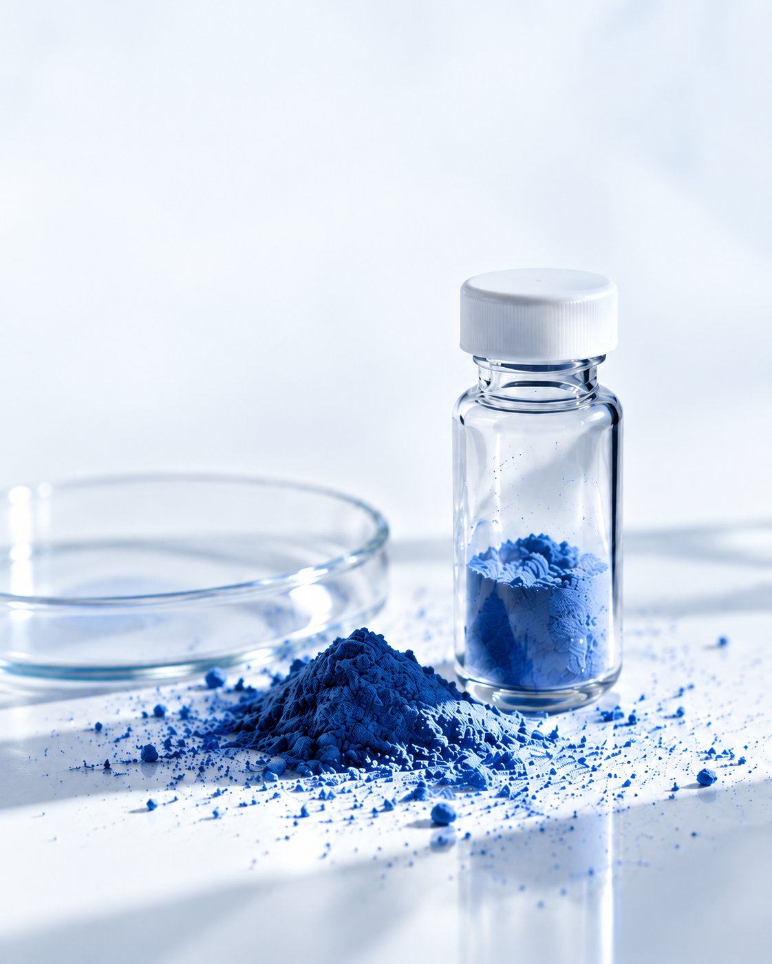 Blue copper-peptide powder beside a clear glass vial and laboratory dish
