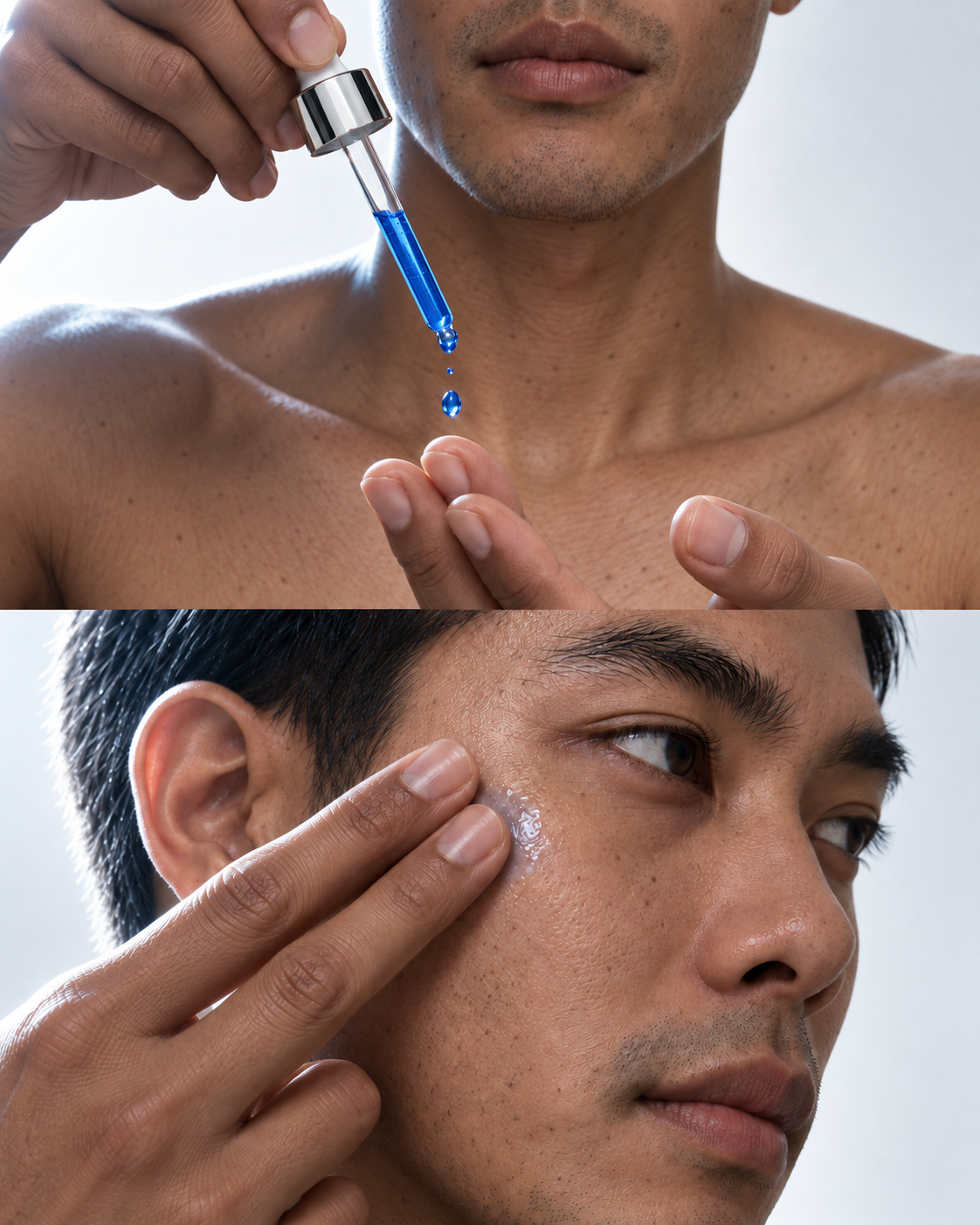 Asian man dispensing cobalt-blue serum and smoothing it onto his cheek