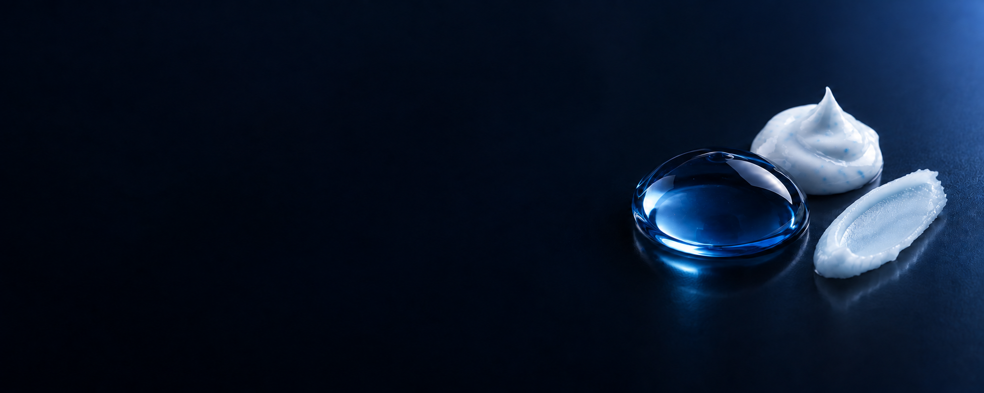 Blue serum, cream and balm textures side by side