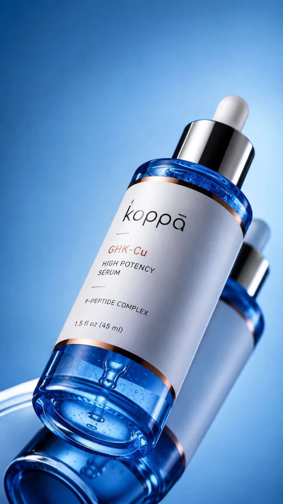 Koppā GHK-Cu 2% Serum on a blue background